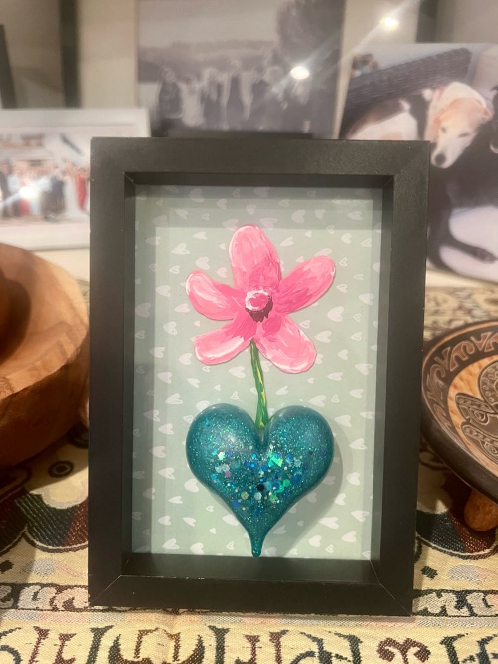Framed Heart & Pink Flower Wall Art - Teal Blue Glitter Heart